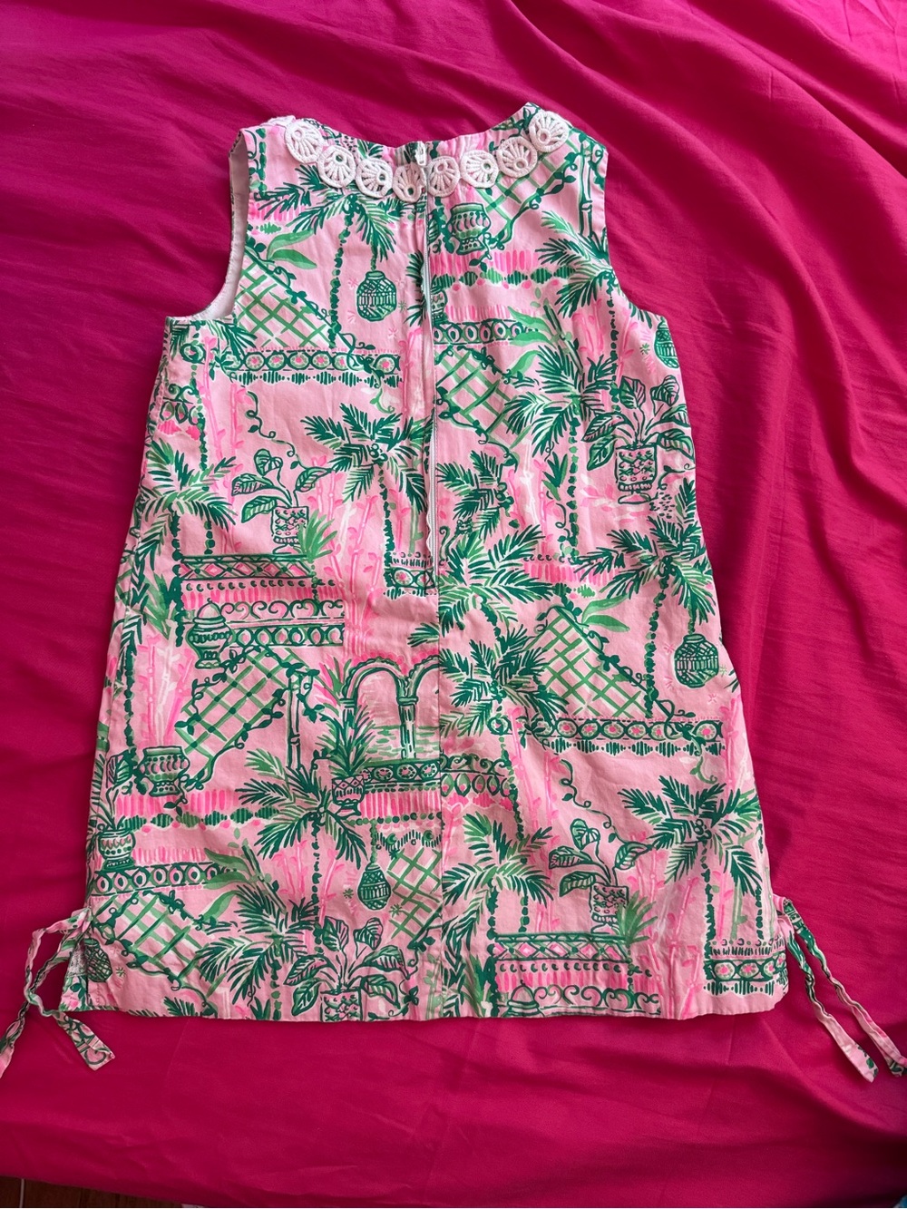 Lilly Pulitzer Pink and Green Printed Shift Dress with Crochet Trim